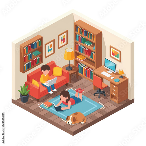Adobe illustrator artwork vector illustration of kids studying in an isometric living room with a dog. Ideal for education, home learning, and cozy domestic scenes