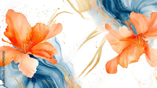 Abstract floral art with orange flowers and blue gold marble design