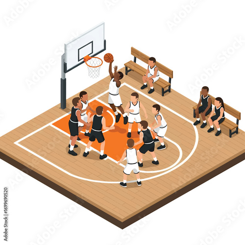 Adobe illustrator artwork vector illustration. An isometric 3D illustration of kids playing basketball on a court. The illustration shows a dynamic game in progress with detailed character designs