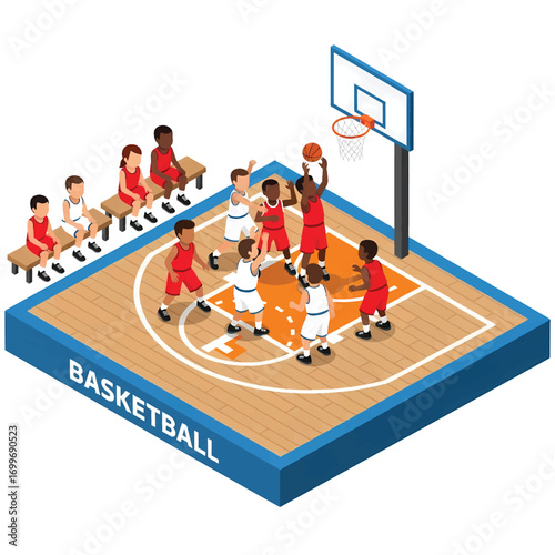 An isometric 3D illustration of kids playing basketball on a court. The illustration shows a dynamic game in progress with detailed character designs