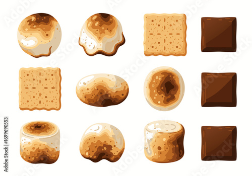 Marshmallow vector illustration of toasted marshmallows and chocolate bars with graham crackers on white background for dessert and food design