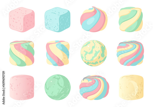 colorful marshmallow vector graphics with various shapes and pastel colors on white background for design elements