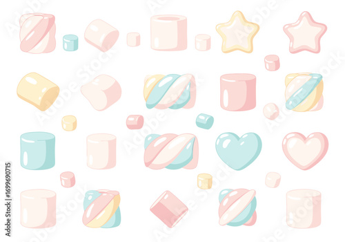 Colorful marshmallow vector graphics with various shapes and pastel colors on white background