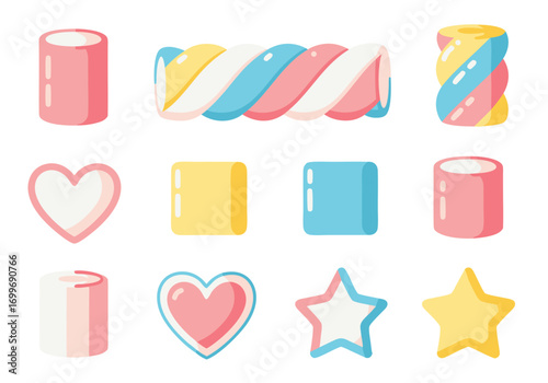 Colorful marshmallow vector graphics with various shapes and candy elements