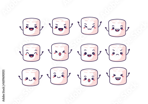 A set of colorful marshmallow vector illustrations with various happy and playful facial expressions on white background for design and decoration