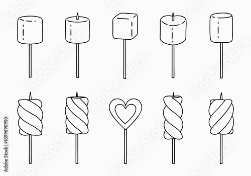 A set of colorful marshmallow vector illustrations on sticks with various shapes and designs for food or dessert concepts