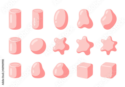 vector illustration of various pink marshmallow shapes on white background for design