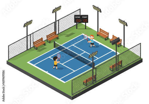 Adobe illustrator artwork vector illustration of two players on an isometric tennis court. Ideal for sports, recreation, competition, and fitness themes