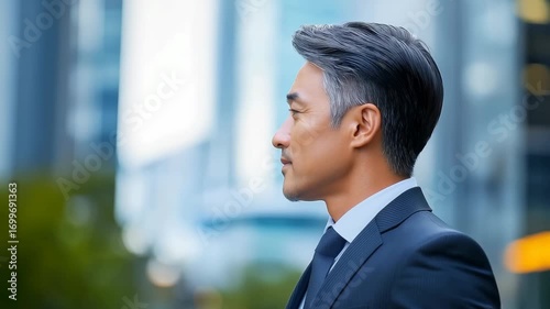 A man in a suit and tie is smiling for the camera. He looks confident and professional. The image is set in a city with tall buildings in the background.