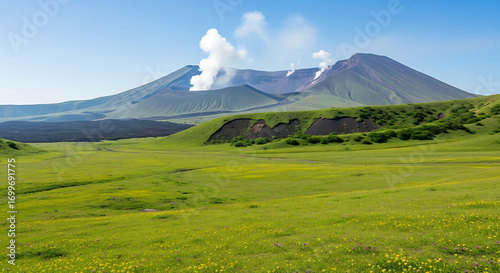Aso Caldera grasslands and volcanic peaks panoramic - Mount Aso Kyushu caldera