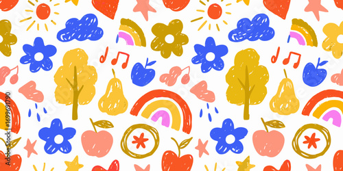 Whimsical hand drawn pattern with fruits flowers sun clouds rainbows and music notes