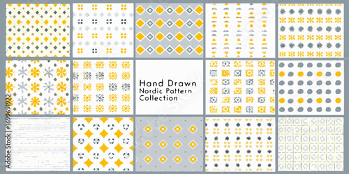 Collection of hand drawn nordic style geometric patterns in yellow gray and white