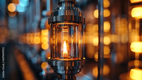 Illuminated Industrial Vessel: A Glowing Core in a Futuristic Factory