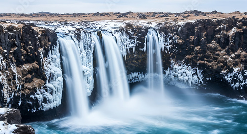 Winter icy waterfalls of Jeongbang Jeju Island South Korea landscape