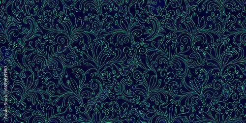 Elegant dark blue background with a repeating seamless pattern of glowing teal floral swirls and leaves