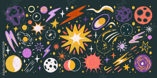 Whimsical hand drawn space elements with planets stars and cosmic phenomena on dark background