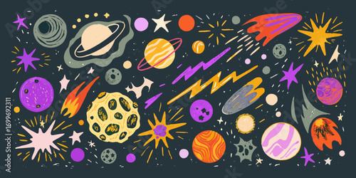 Whimsical hand drawn space scene with planets stars comets and rockets in vibrant colors