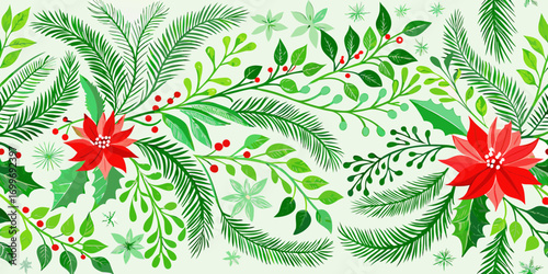 Festive christmas botanical illustration with red poinsettias and green pine branches