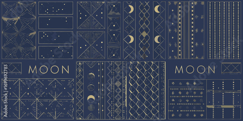 Collection of celestial and geometric patterns with moon and stars on dark blue background