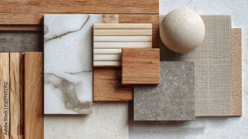 Close-up top view of interior design mood board, natural materials including wood, marble, and stone, minimal clean aesthetic