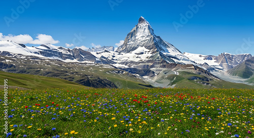 Zermatt Matterhorn snow-capped peak and alpine meadow - Switzerland landscape