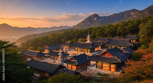 Sunset glow over Gyeongju Bulguksa temple mountains South Korea landscape