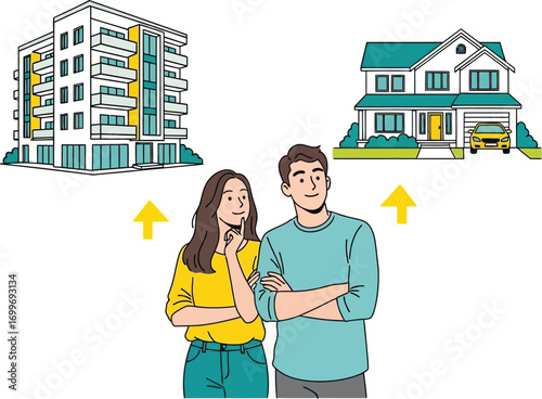 Couple choosing between apartment and house