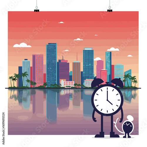 Sunset city skyline with cartoon alarm clock mascot