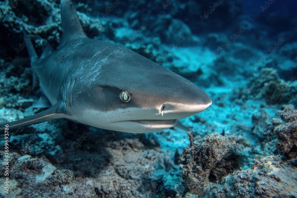Fototapeta premium White Tip Shark in the Tropical Maldives: Close-Up View of Underwater Ocean Creature