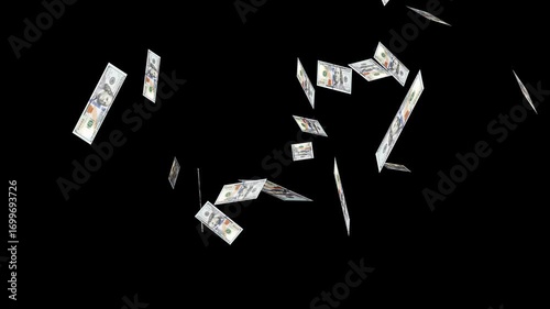Dollar bills falling on green screen stock video. Raining money stock video over green screen chroma key background 4k. Money explosion overlay isolated Background. Banknotes money flying down