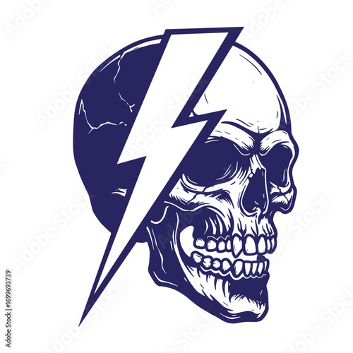 Vector illustration featuring a detailed skull intersected by a bold white lightning bolt design