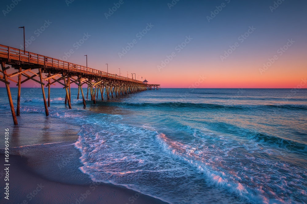 Obraz premium Wilmington North Carolina: Sunrise at Johnnie Mercers Fishing Pier in Wrightsville Beach