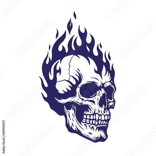 Vector illustration of a skull engulfed in blue flames isolated on a white background
