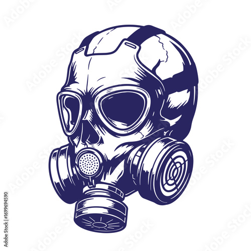 Vector illustration of a skull wearing a gas mask with intricate line art design