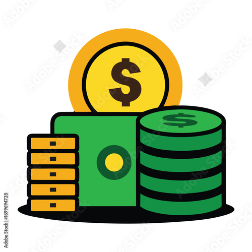 Illustration of a green wallet overflowing with stacked coins and a large golden coin with a dollar sign representing financial wealth and savings