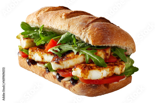Grilled halloumi sandwich with cucumber, tomato, and mint leaves on rustic bread, isolated on white transparent background, concept of Modern Arabic lunch and street fast food