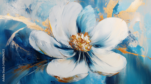 Abstract blue and white flower painting with gold accents a textured floral artwork