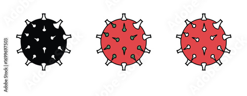 Vector illustration of three distinct virus cells in different stages, representing a process like infection, mutation, or activation