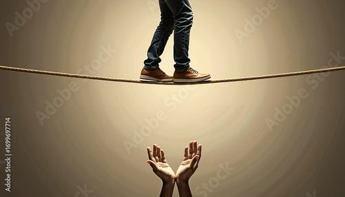 Man walking on tightrope with supportive hands below in dark light  