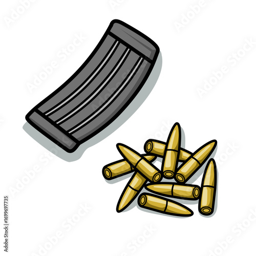 Vector illustration of firearm munition, bullets, cartridges and modern rifle magazines isolated on the white background