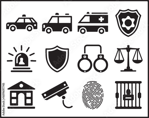 Icon set of law enforcement and justice symbols for design use