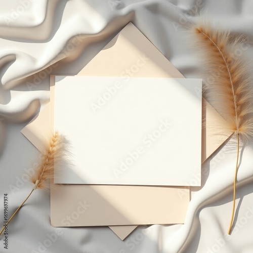 A blank card and envelope on a silky fabric with dried floral accents creating a soft aesthetic look invitation card mockup