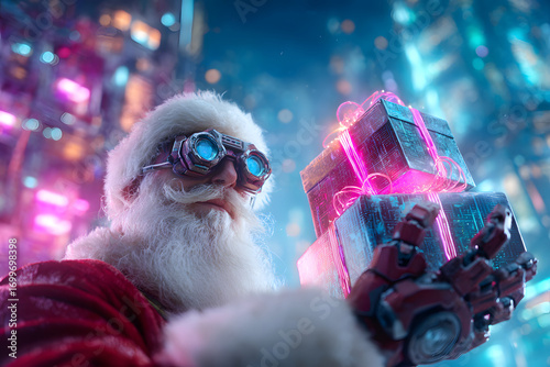 A vibrant portrayal of Santa in a tech-infused world, holding gifts with a robotic arm and VR goggles, evoking a sense of wonder.
