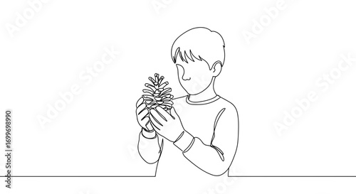 Boy holding pine cone, continuous line drawing