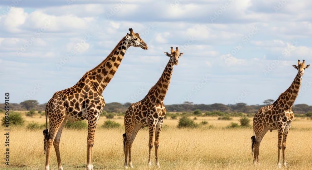 Obraz premium Three Giraffes Stand Tall in African Savannah Under a Cloudy Sky
