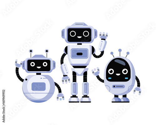 A friendly group of three futuristic robot characters waving a cheerful greeting. An illustration of modern artificial intelligence assistants