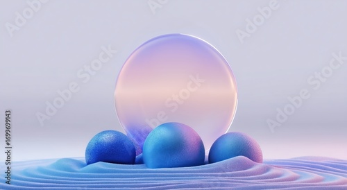 Translucent glass circular frame sits behind four solid blue spheres on a rippled sand‑like surface. Futuristic, abstract harmony neon background.