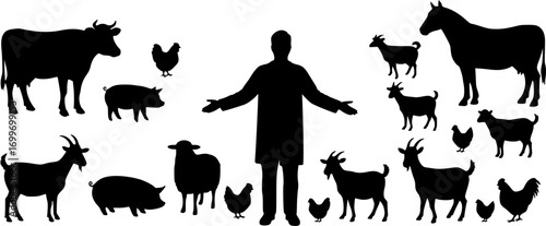 Vector silhouette of veterinary with group of animals on white background. Symbol of farm and vet.
