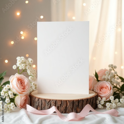 Blank card on wood slice with roses baby breath and pink ribbon against bokeh lights backdrop scene invitation card mockup
