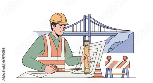 Civil Engineer Working on Bridge Construction Blueprints.